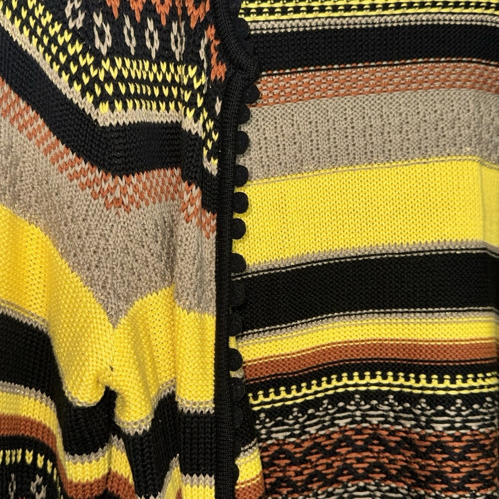 Together Womens Open Front Cardigan Yellow Black Geometric Striped Pom Pom - Picture 3 of 4
